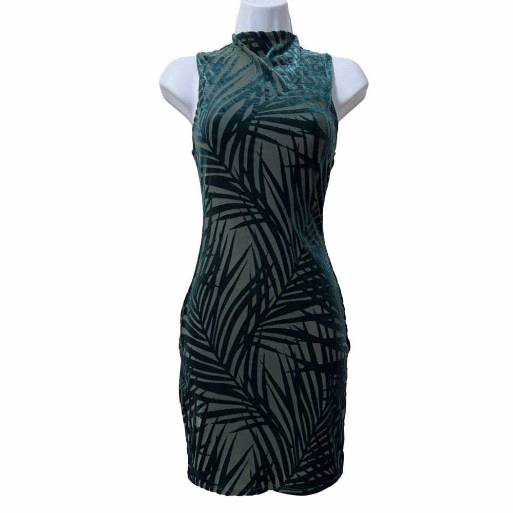 Naked Wardrobe‎ Palm Velvet Burnout Bodycon Mini Dress Size S Teal High Neck NEW